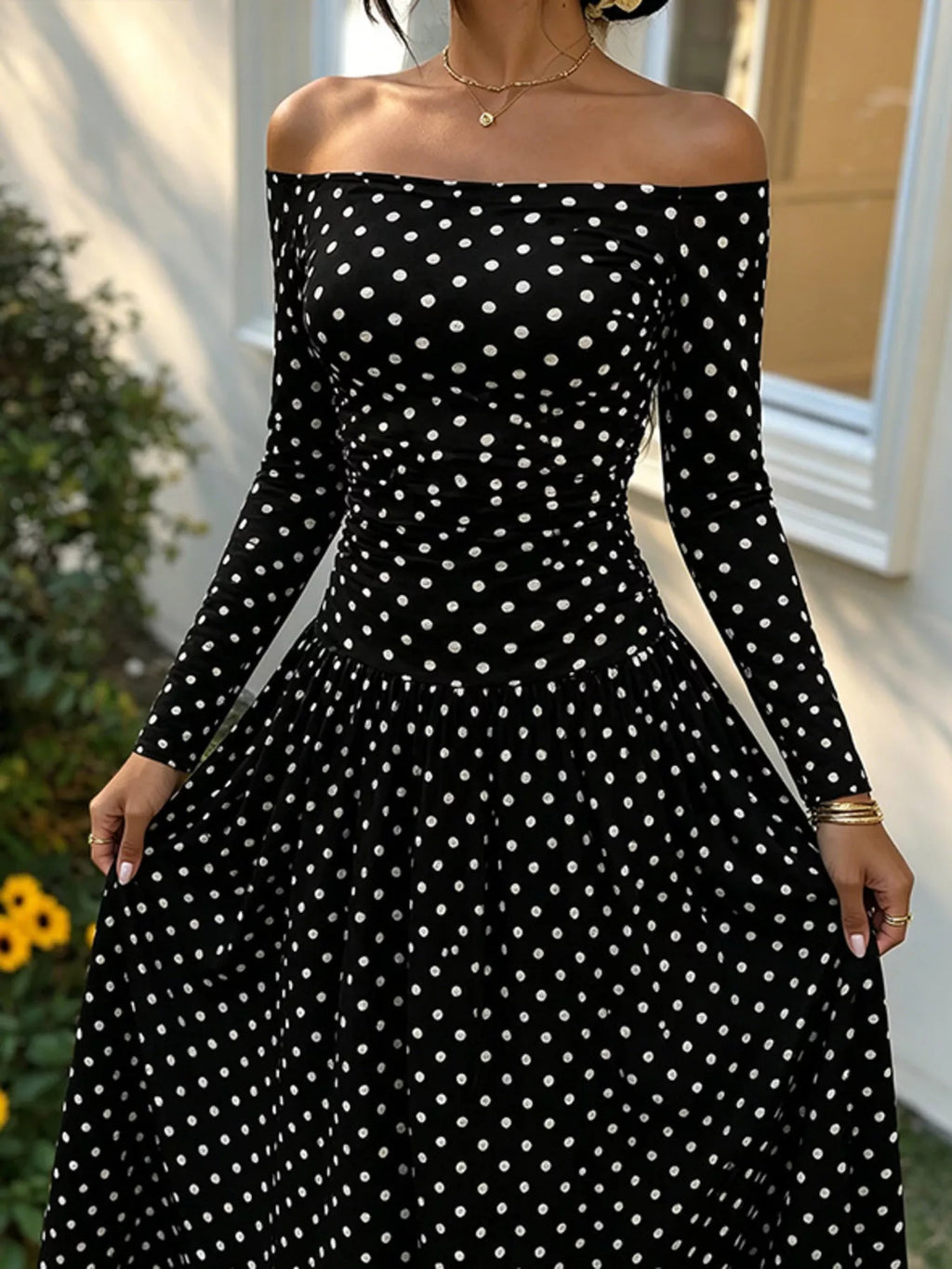 Off-the-Shoulder Ruched Maxi Dress detail view 16 - Vellaya Lane