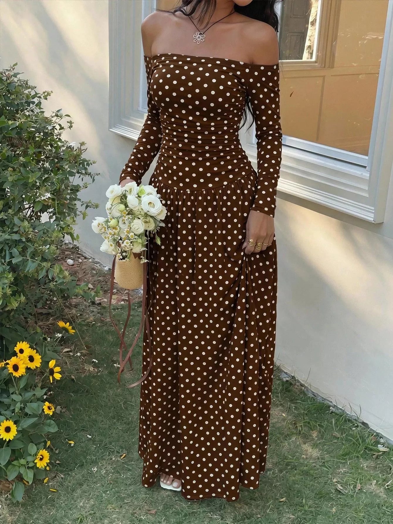 Off-the-Shoulder Ruched Maxi Dress detail view 20 - Vellaya Lane