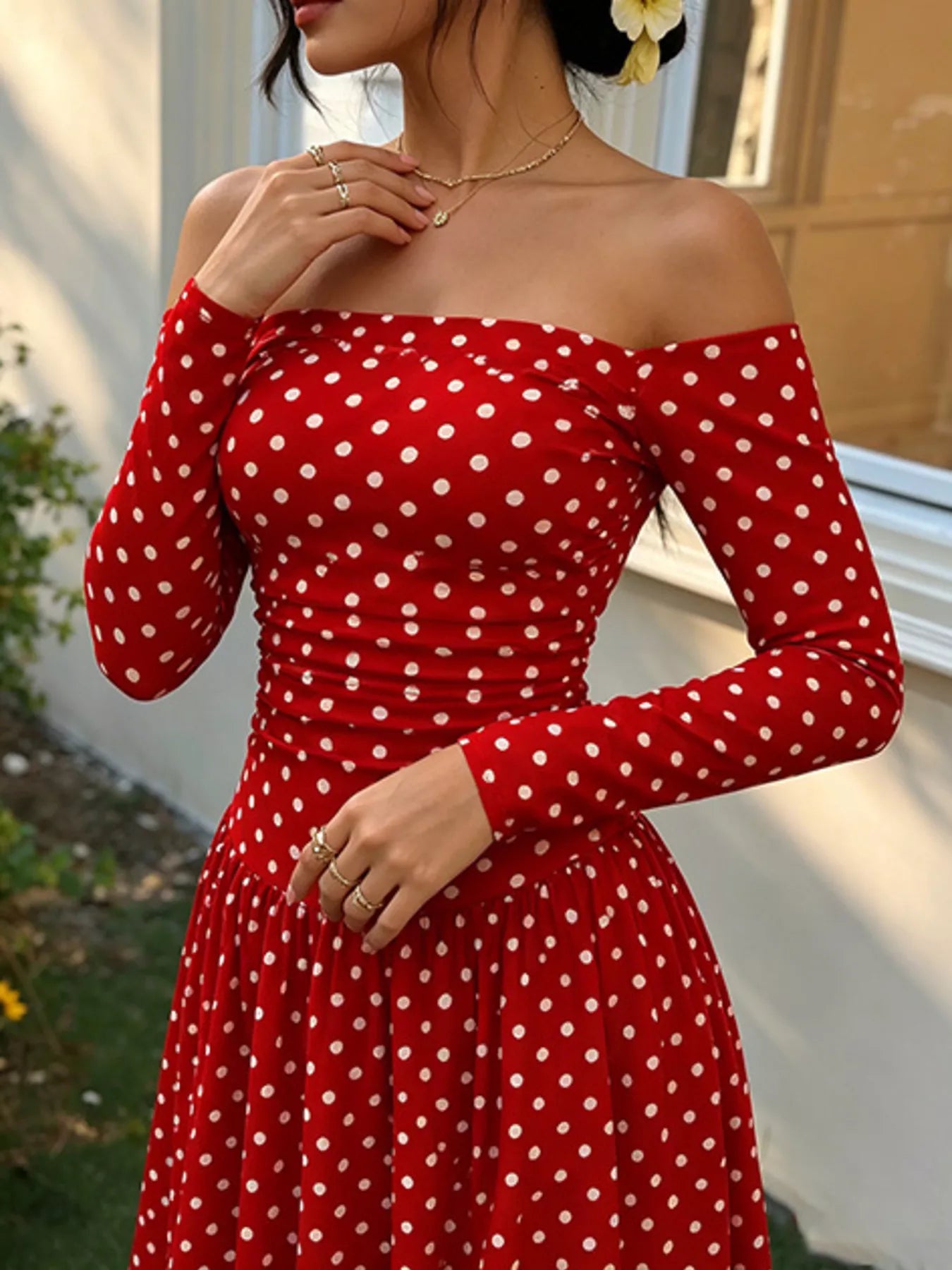 Off-the-Shoulder Ruched Maxi Dress detail view 22 - Vellaya Lane