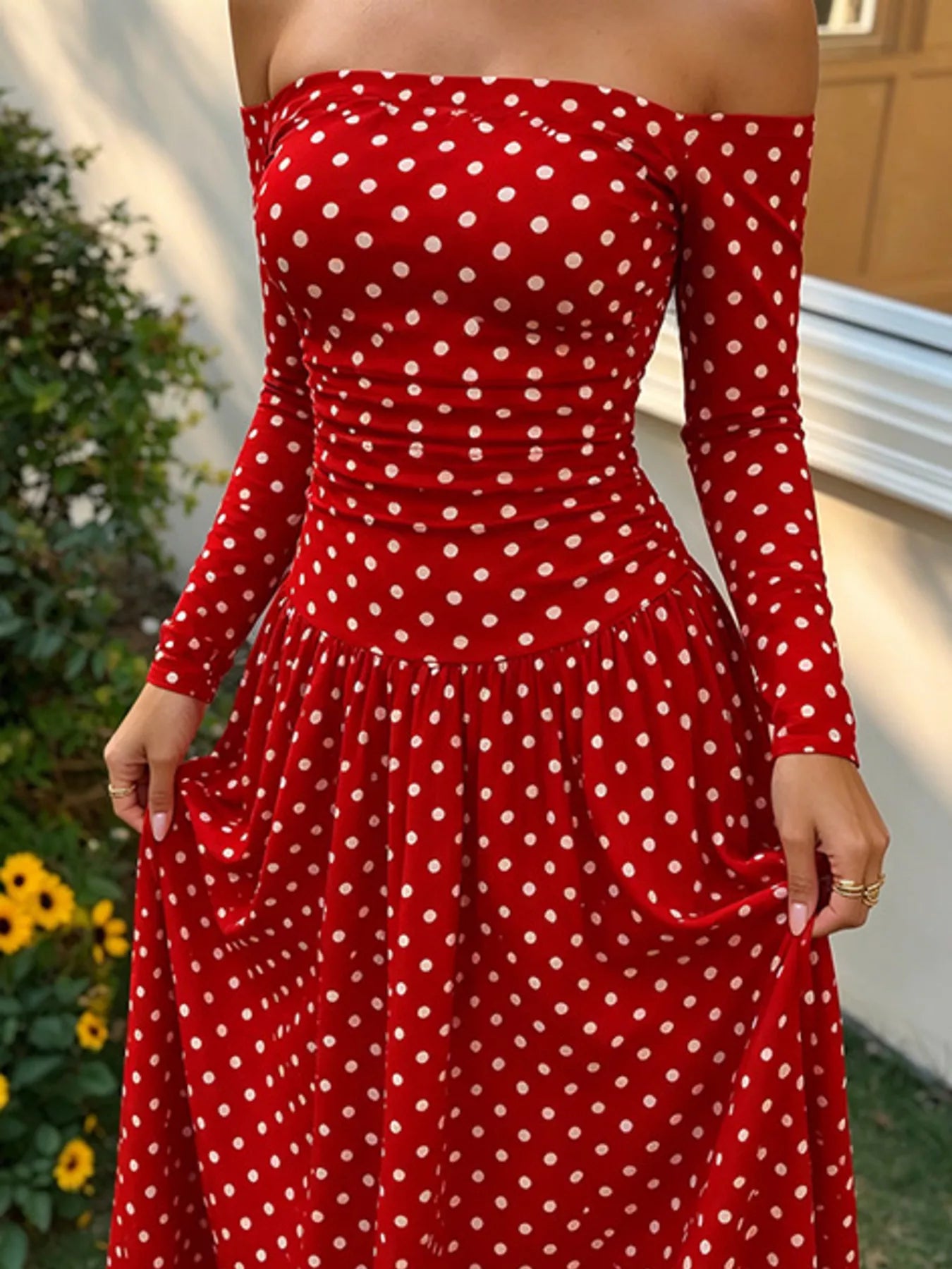 Off-the-Shoulder Ruched Maxi Dress detail view 23 - Vellaya Lane
