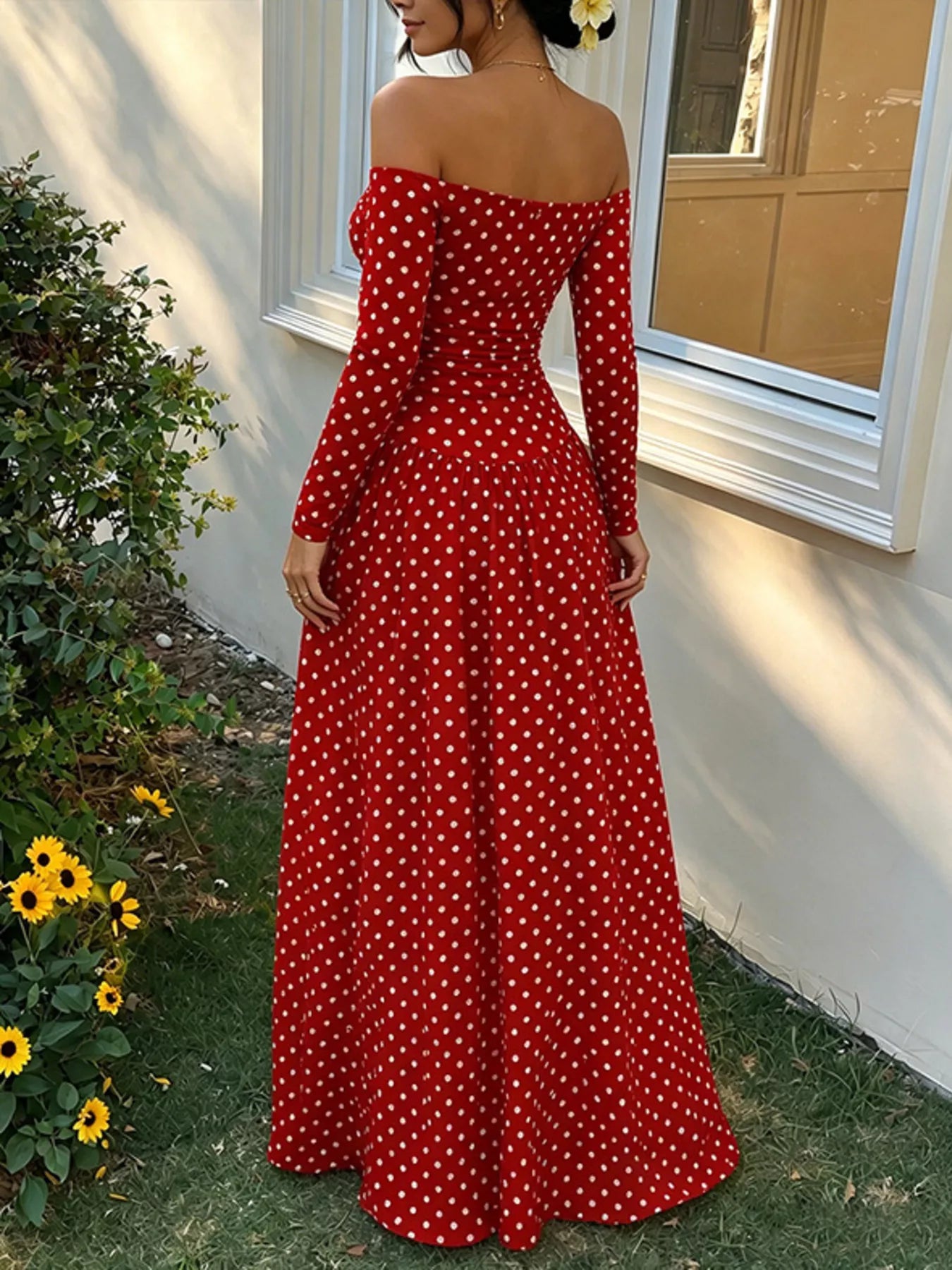 Off-the-Shoulder Ruched Maxi Dress detail view 24 - Vellaya Lane