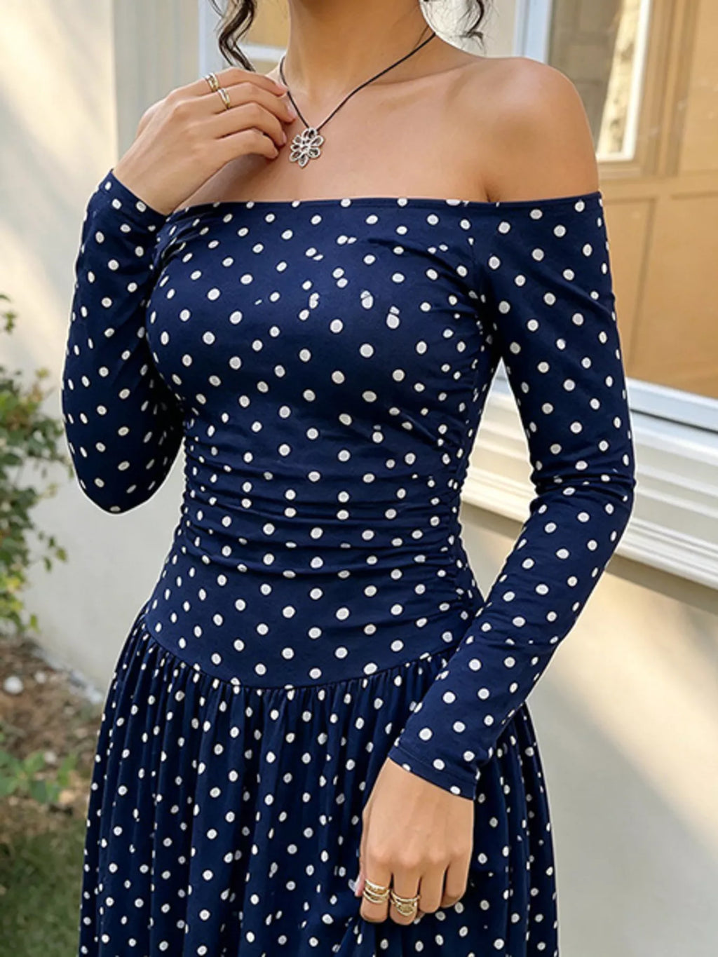 Off-the-Shoulder Ruched Maxi Dress detail view 26 - Vellaya Lane