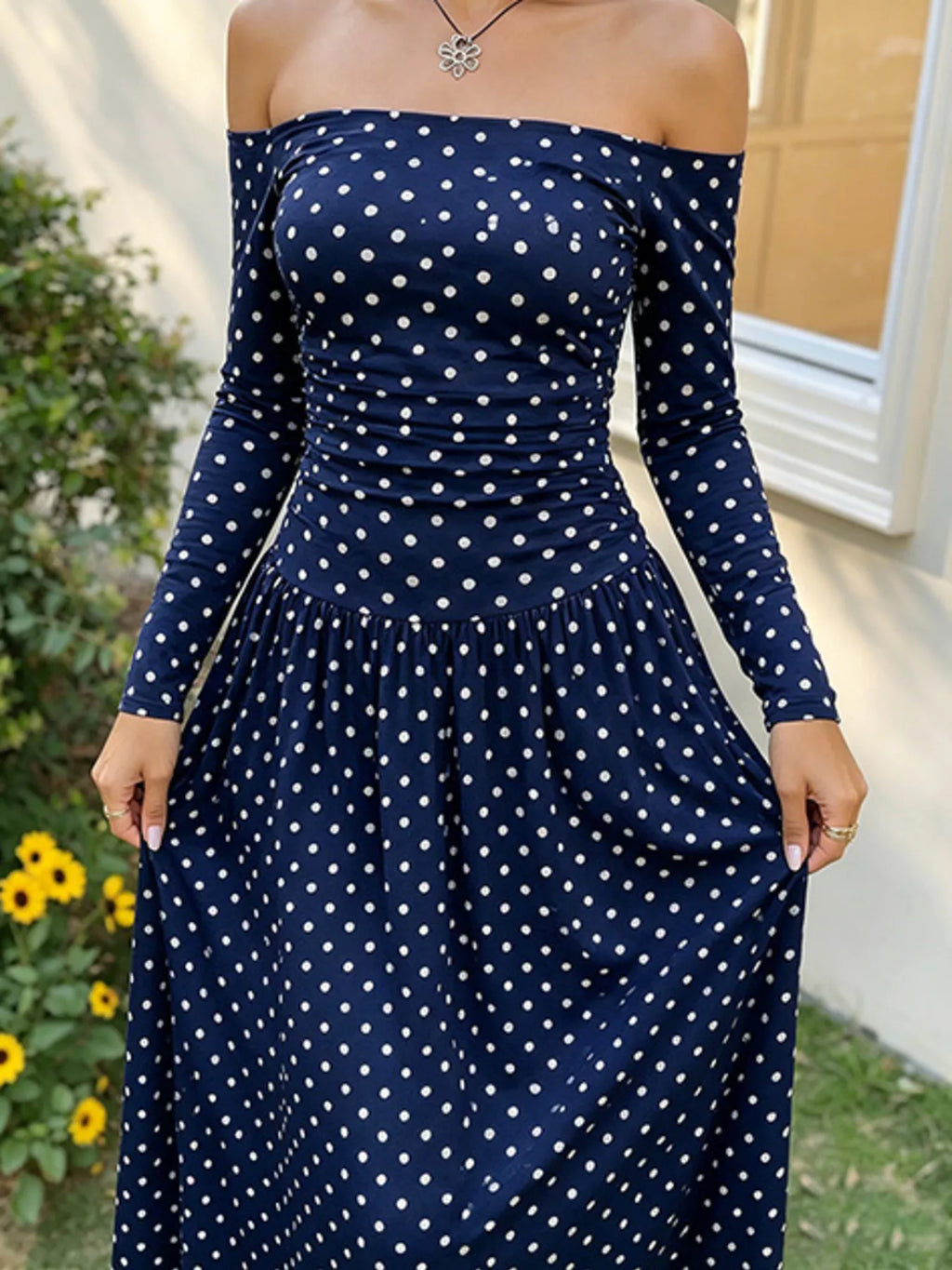 Off-the-Shoulder Ruched Maxi Dress detail view 27 - Vellaya Lane