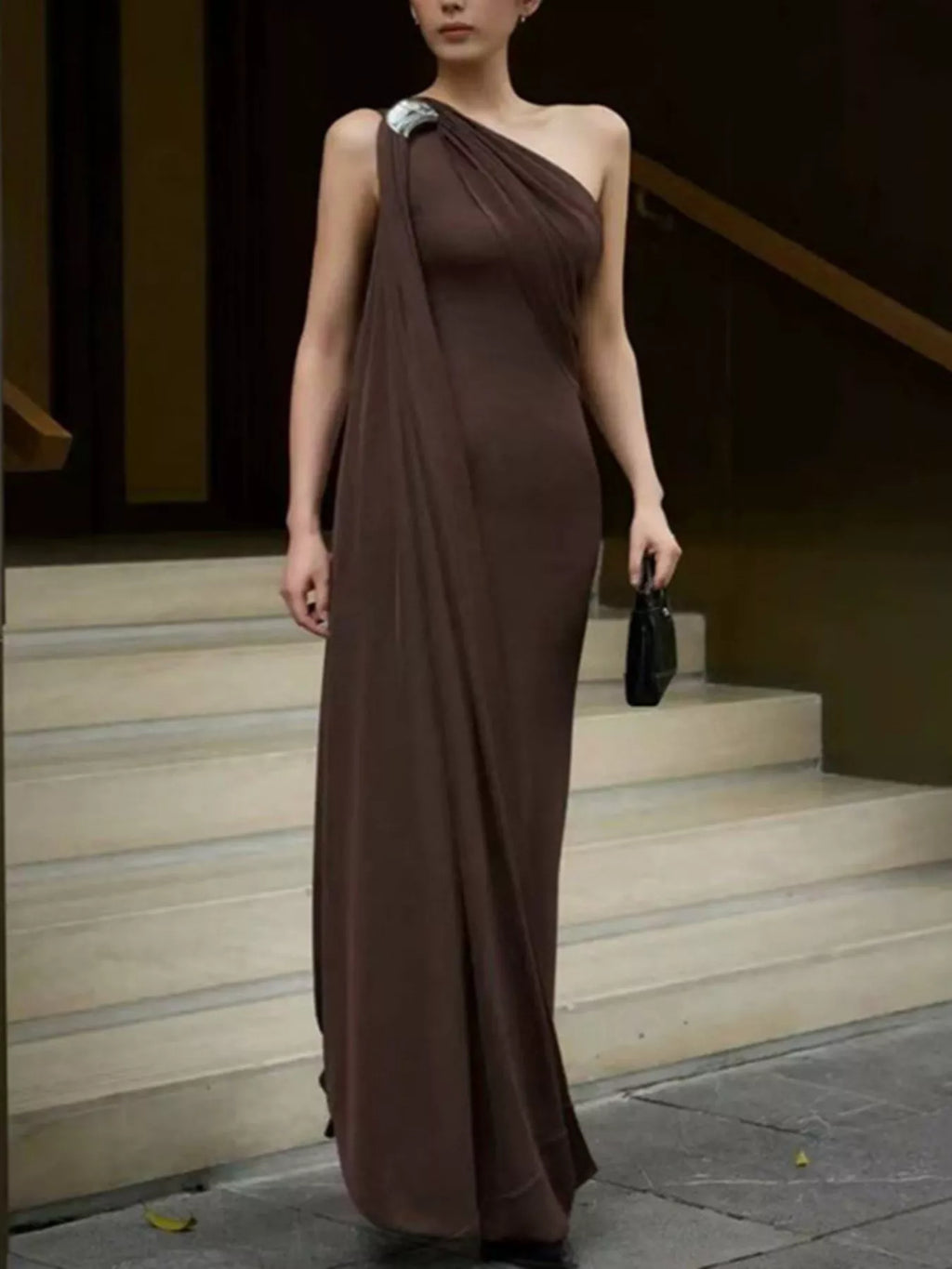 One-Shoulder Draped Maxi Dress detail view 02 - Vellaya Lane