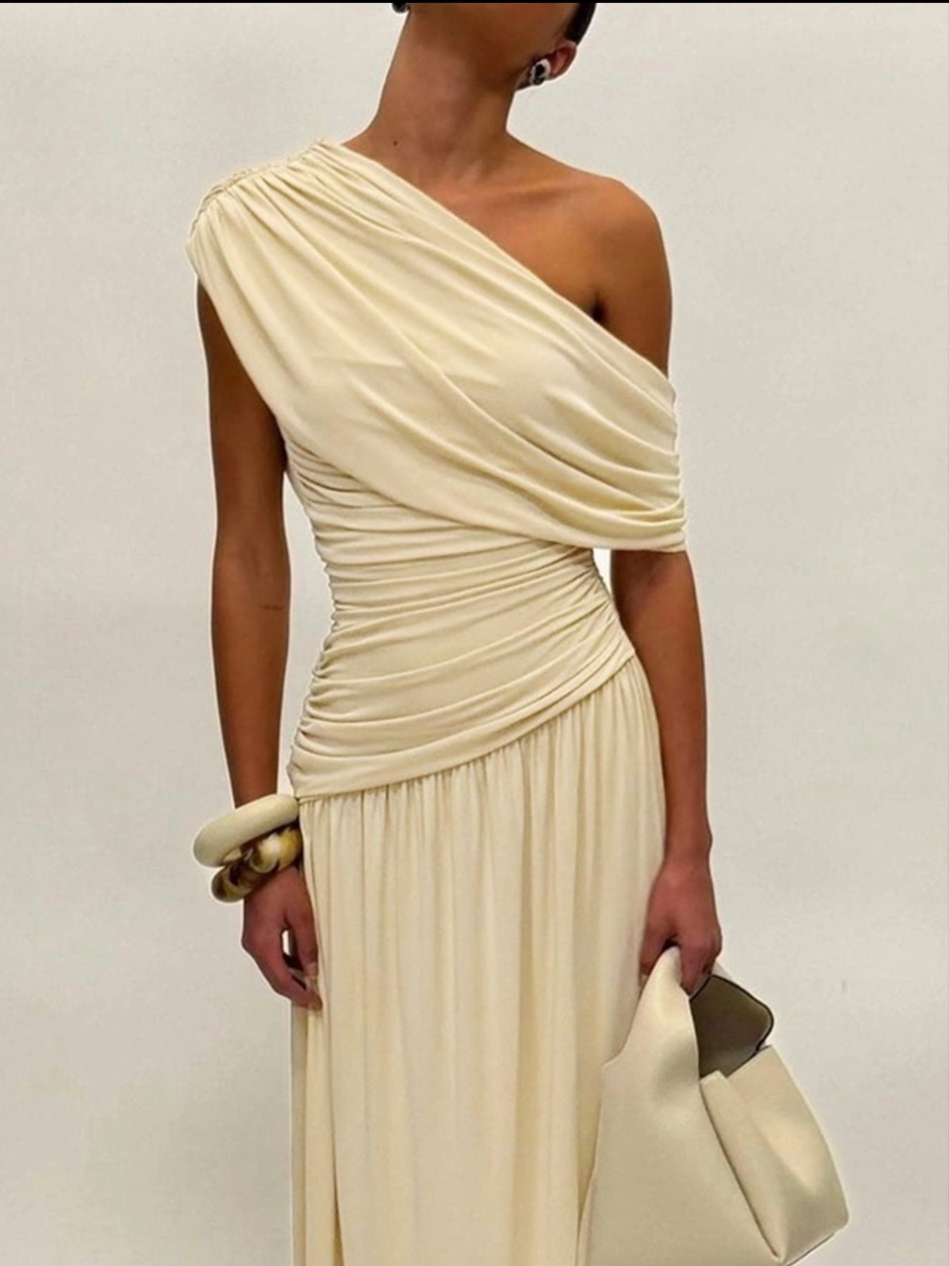 One-Shoulder Ruched Maxi Dress detail view 04 - Vellaya Lane