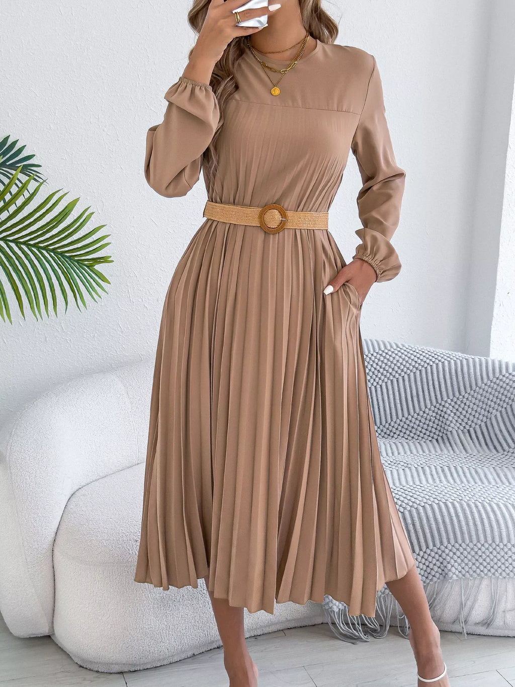 Pleated Pocketed A-Line Midi Dress - Vellaya Lane