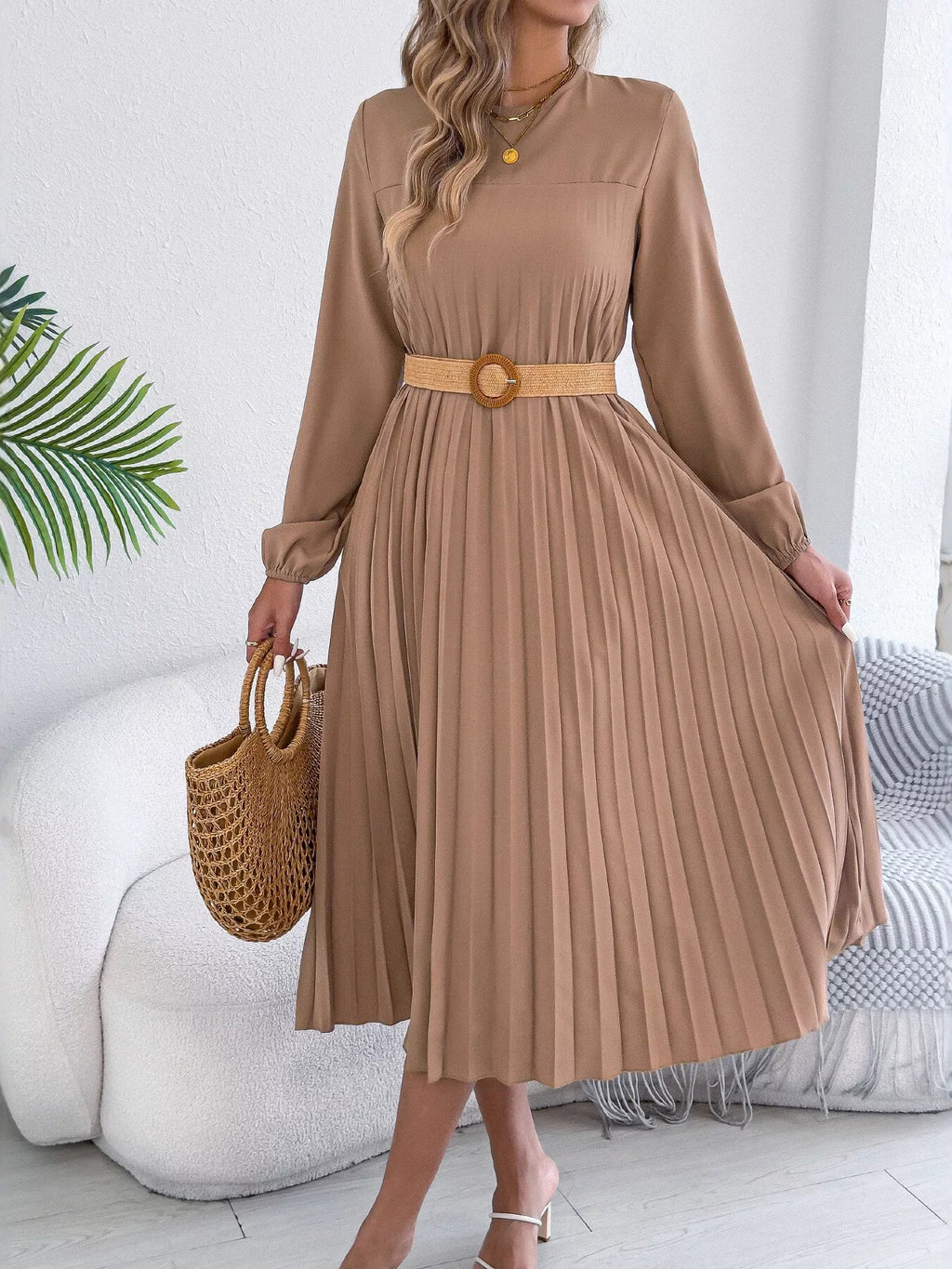 Pleated Pocketed A-Line Midi Dress detail view 04 - Vellaya Lane