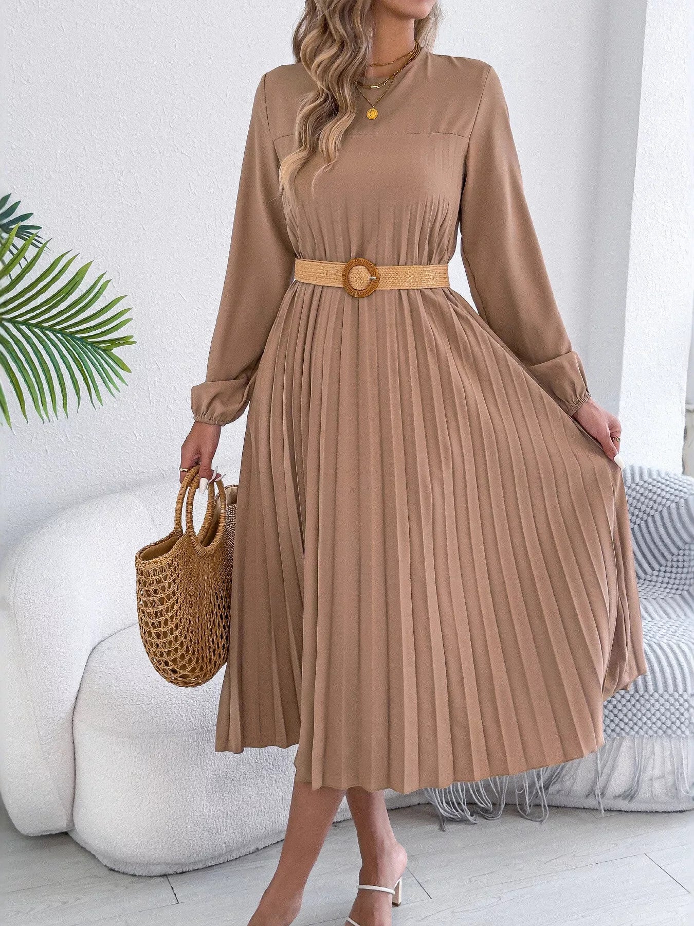 Pleated Pocketed A-Line Midi Dress detail view 04 - Vellaya Lane