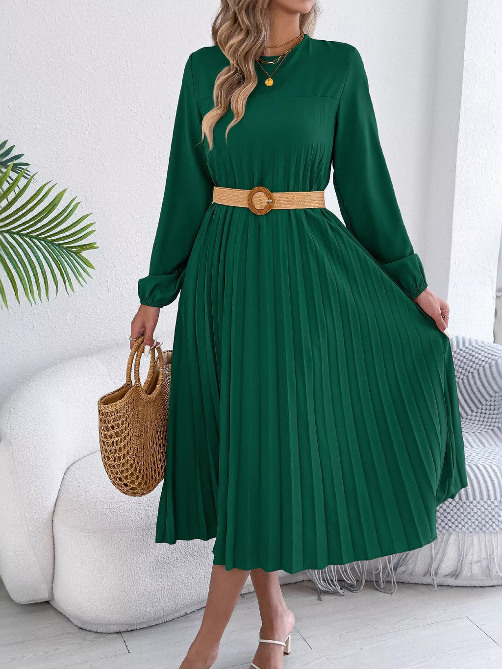 Pleated Pocketed A-Line Midi Dress detail view 09 - Vellaya Lane