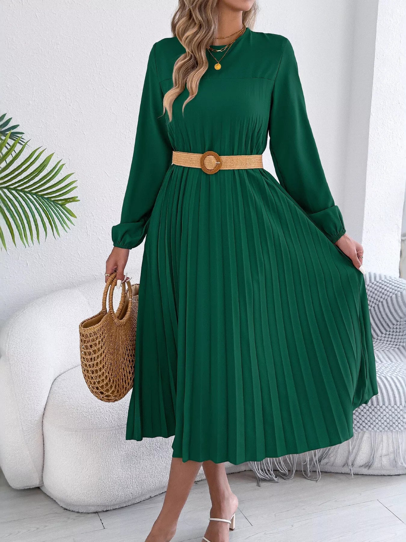 Pleated Pocketed A-Line Midi Dress detail view 09 - Vellaya Lane