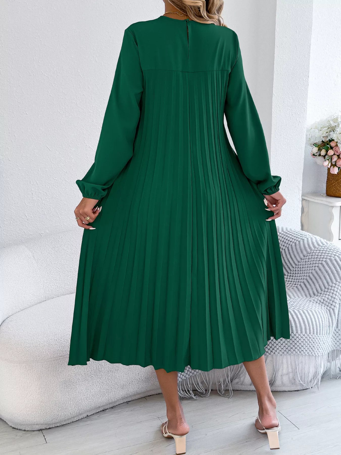 Pleated Pocketed A-Line Midi Dress detail view 10 - Vellaya Lane