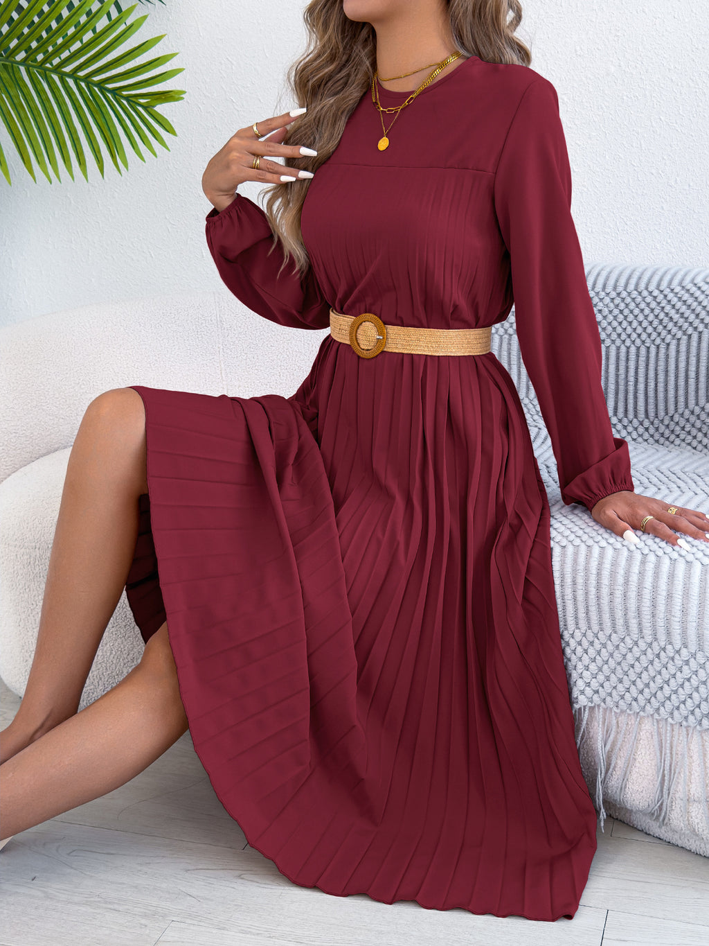 Pleated Pocketed A-Line Midi Dress detail view 14 - Vellaya Lane