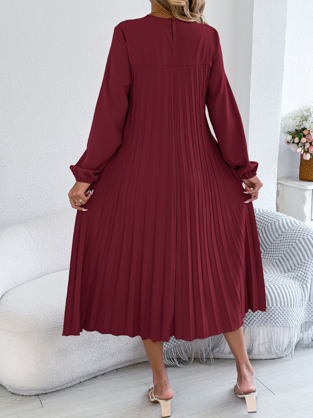 Pleated Pocketed A-Line Midi Dress detail view 15 - Vellaya Lane