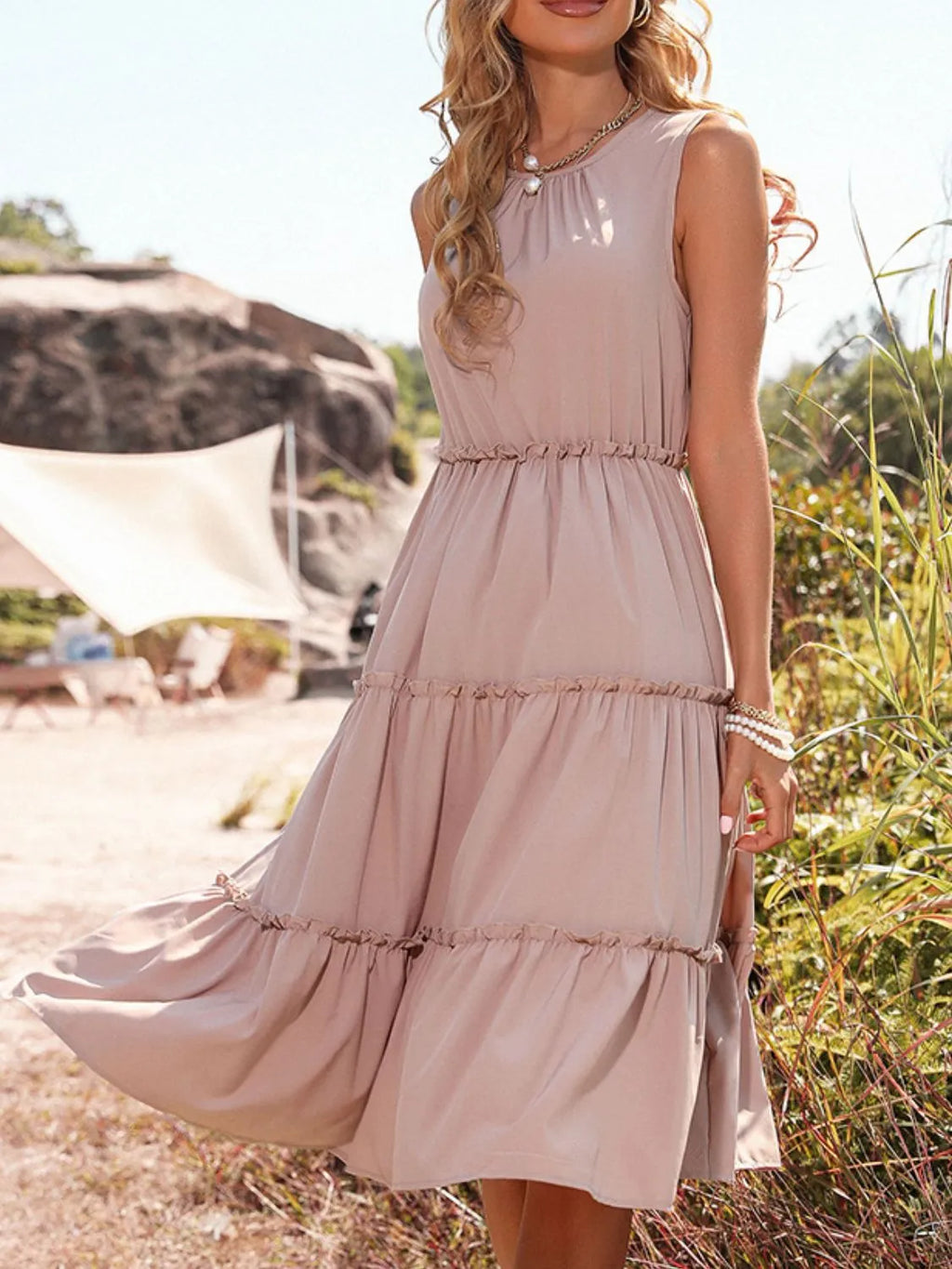 Ruffle Tiered Midi Dress detail view 10 - Vellaya Lane