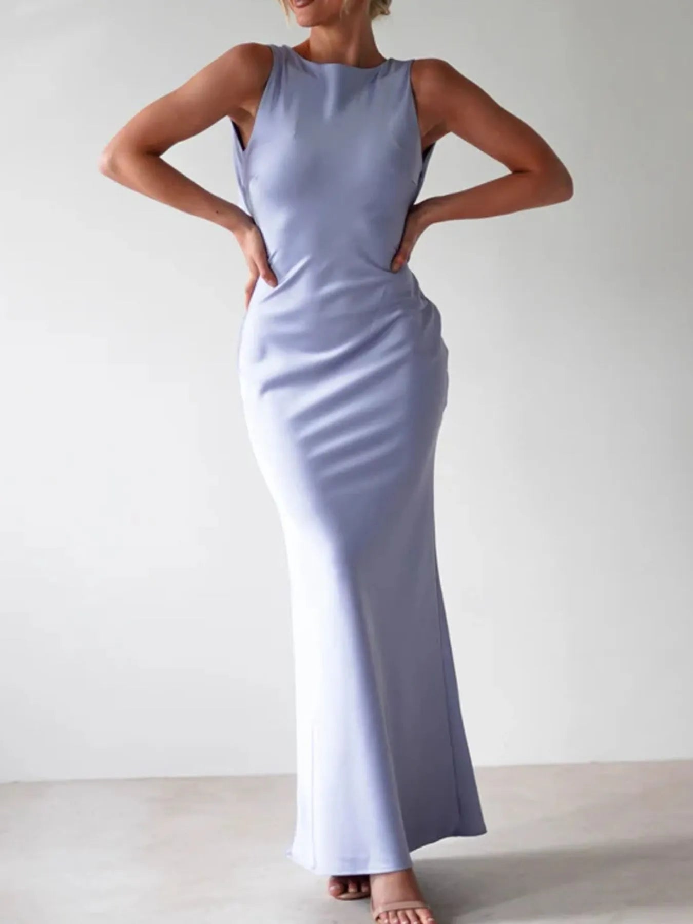 Satin Sleeveless Slit Maxi Dress detail view 05 - Vellaya Lane
