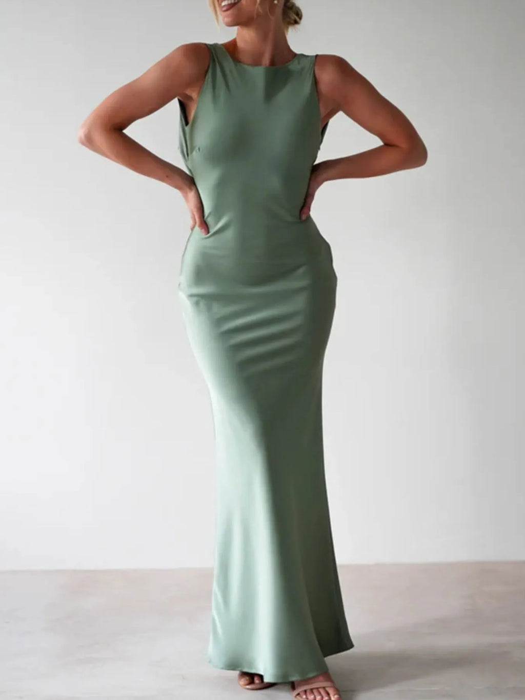 Satin Sleeveless Slit Maxi Dress detail view 09 - Vellaya Lane