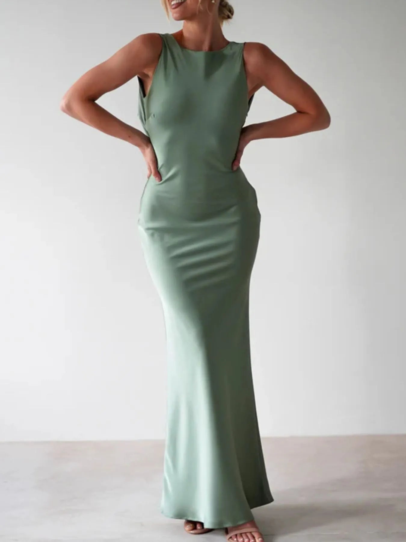 Satin Sleeveless Slit Maxi Dress detail view 09 - Vellaya Lane