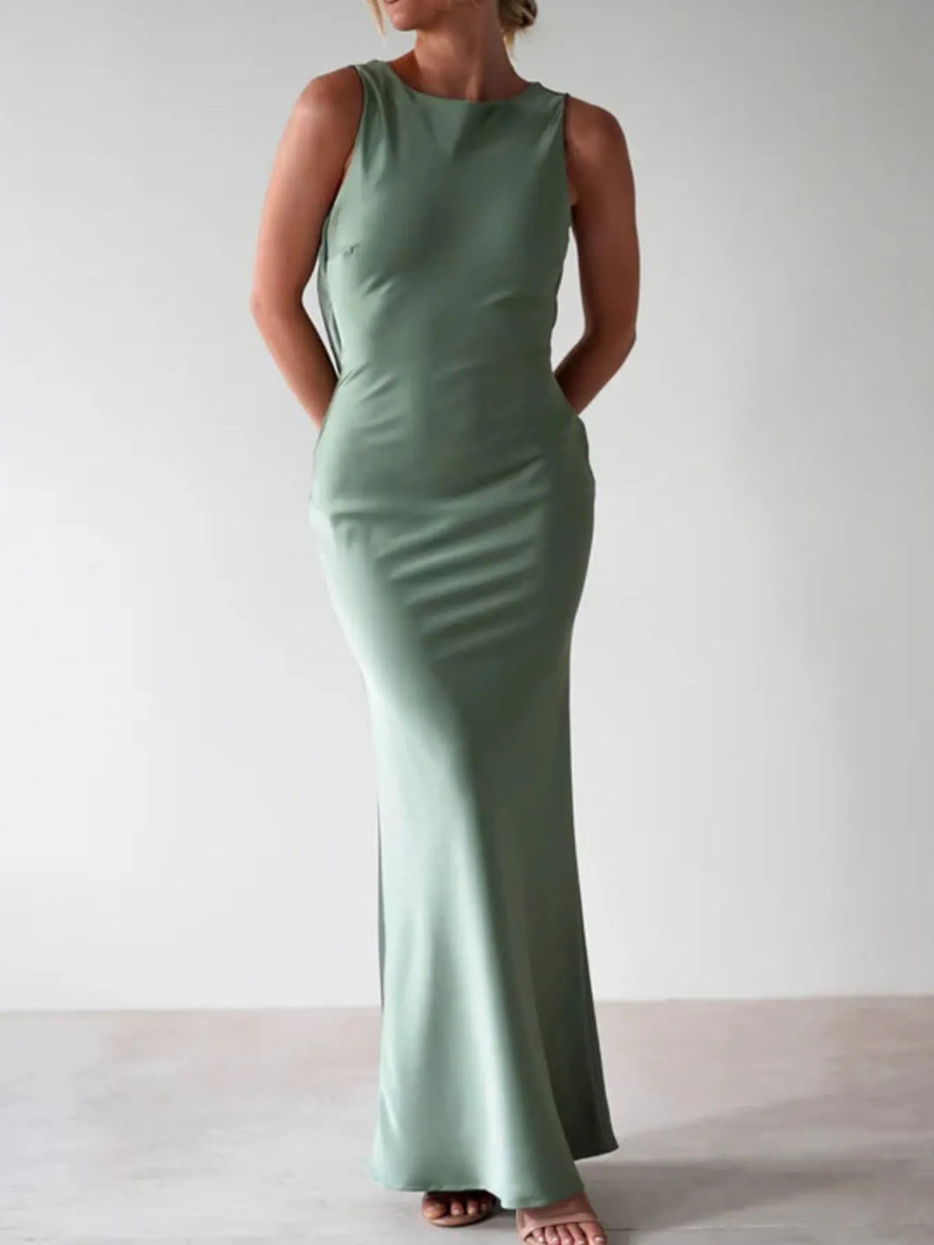 Satin Sleeveless Slit Maxi Dress detail view 10 - Vellaya Lane