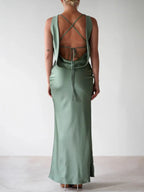 Satin Sleeveless Slit Maxi Dress detail view 12 - Vellaya Lane