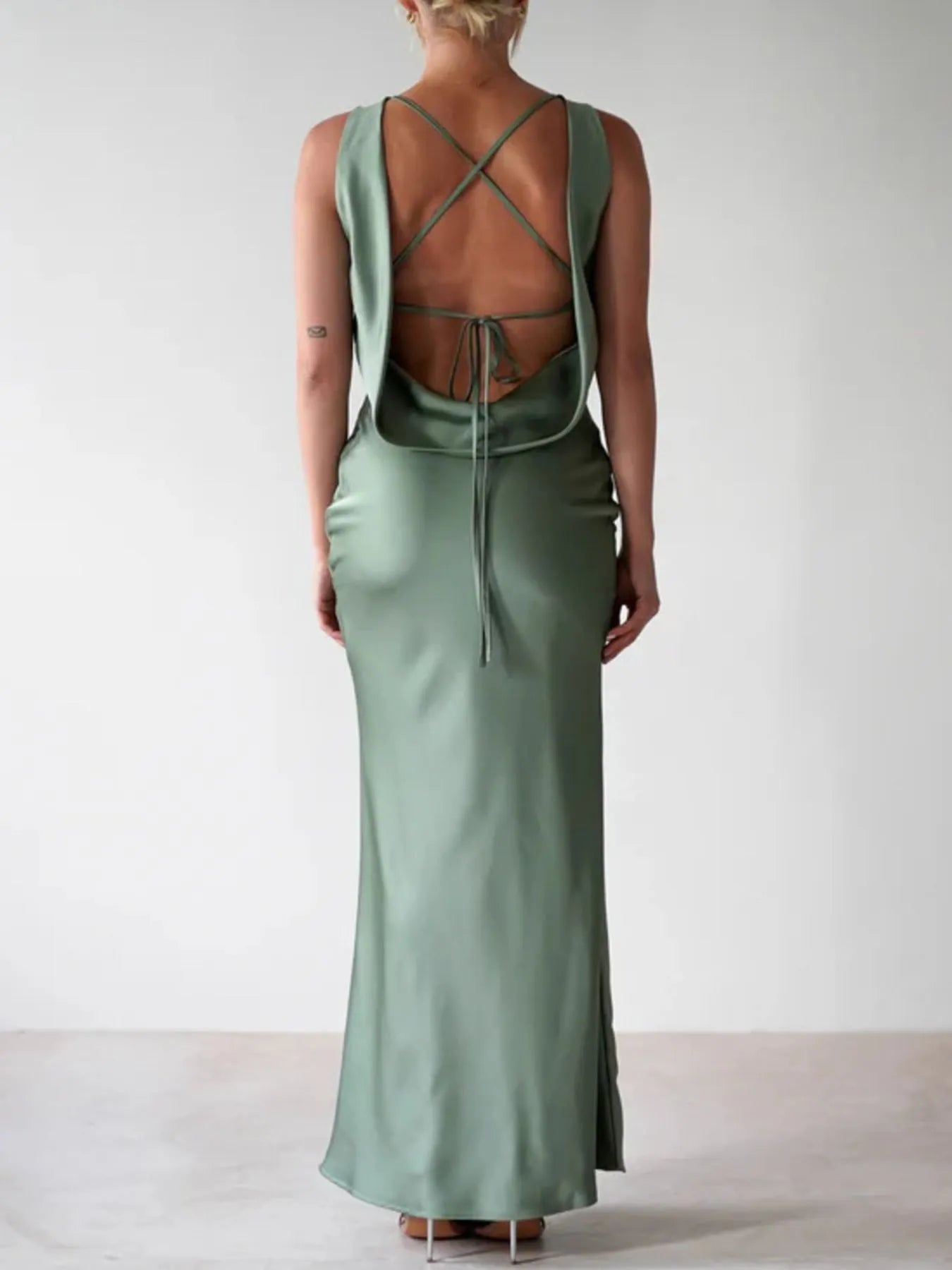 Satin Sleeveless Slit Maxi Dress detail view 12 - Vellaya Lane