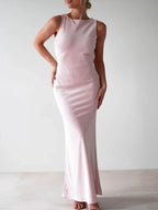 Satin Sleeveless Slit Maxi Dress detail view 14 - Vellaya Lane