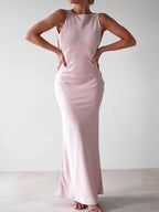 Satin Sleeveless Slit Maxi Dress detail view 15 - Vellaya Lane