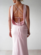 Satin Sleeveless Slit Maxi Dress detail view 16 - Vellaya Lane
