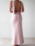 Satin Sleeveless Slit Maxi Dress detail view 18 - Vellaya Lane