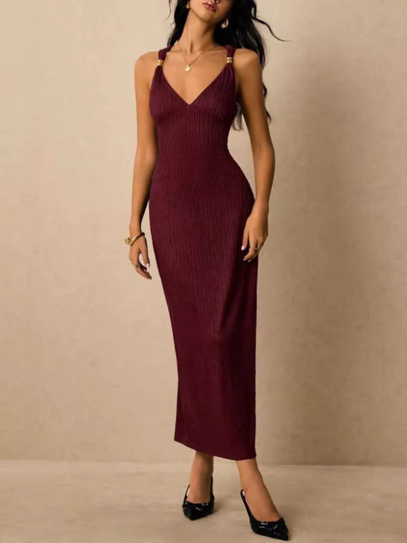 Sleeveless Ribbed-Knit Midi Dress detail view 16 - Vellaya Lane