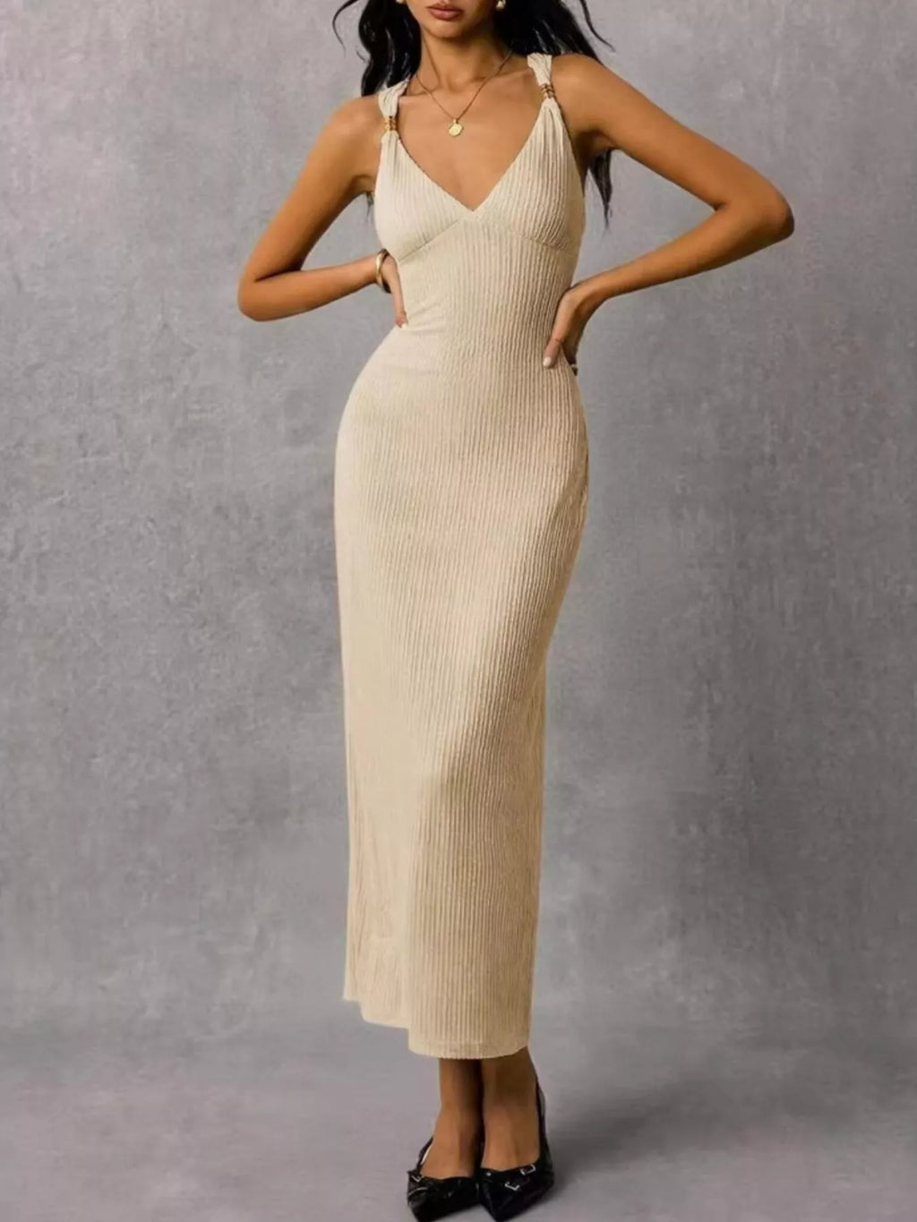 Sleeveless Ribbed-Knit Midi Dress detail view 20 - Vellaya Lane