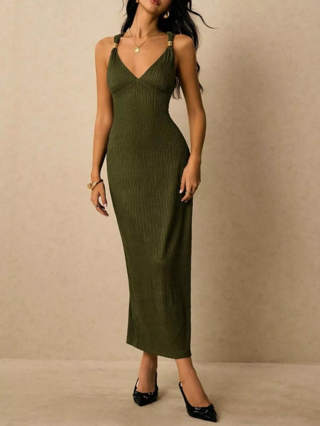 Sleeveless Ribbed-Knit Midi Dress detail view 25 - Vellaya Lane