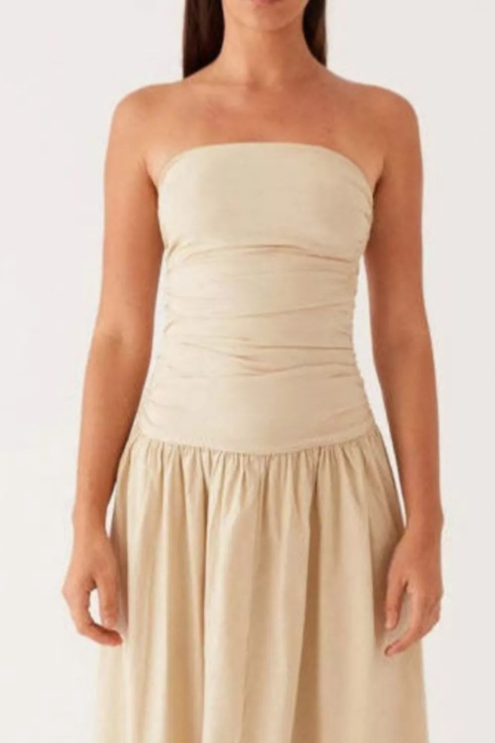 Strapless Ruched Maxi Dress detail view 06 - Vellaya Lane
