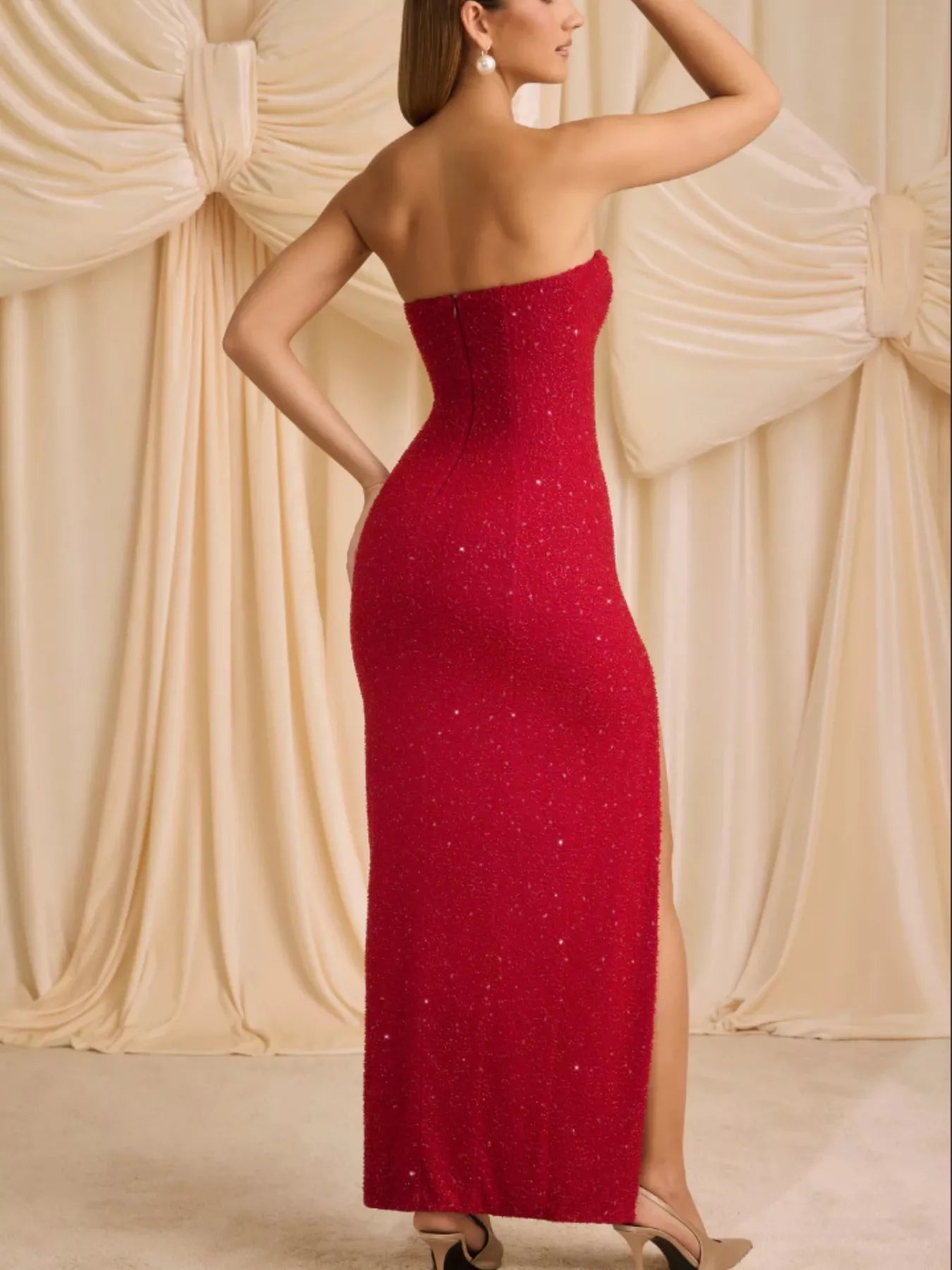 Strapless Slit Maxi Dress detail view 03 - Vellaya Lane