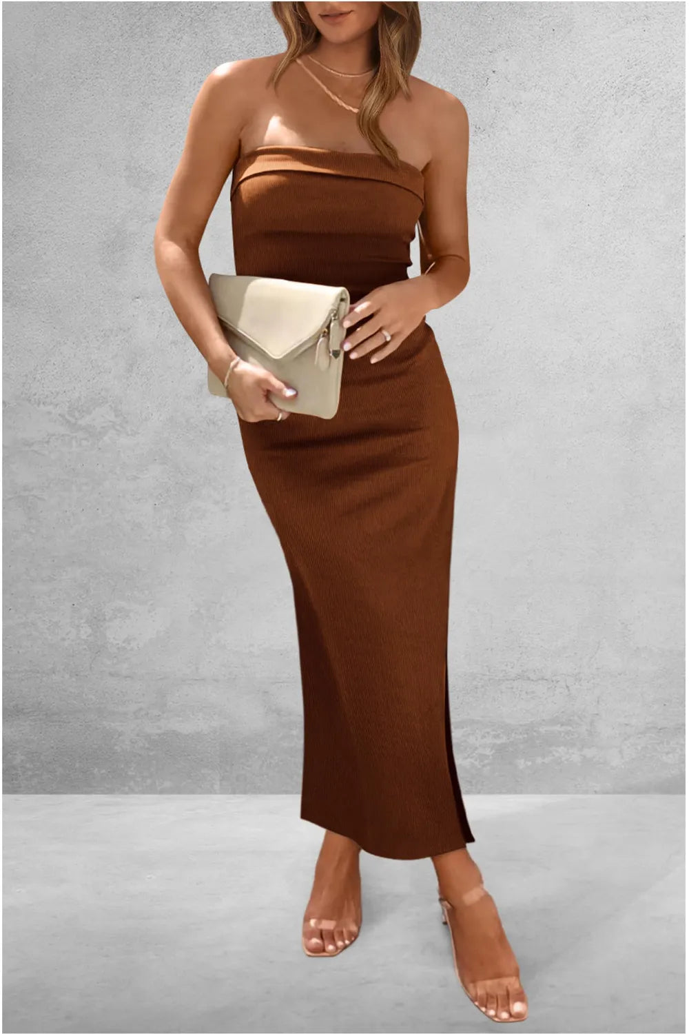 Strapless Slit Midi Dress detail view 05 - Vellaya Lane