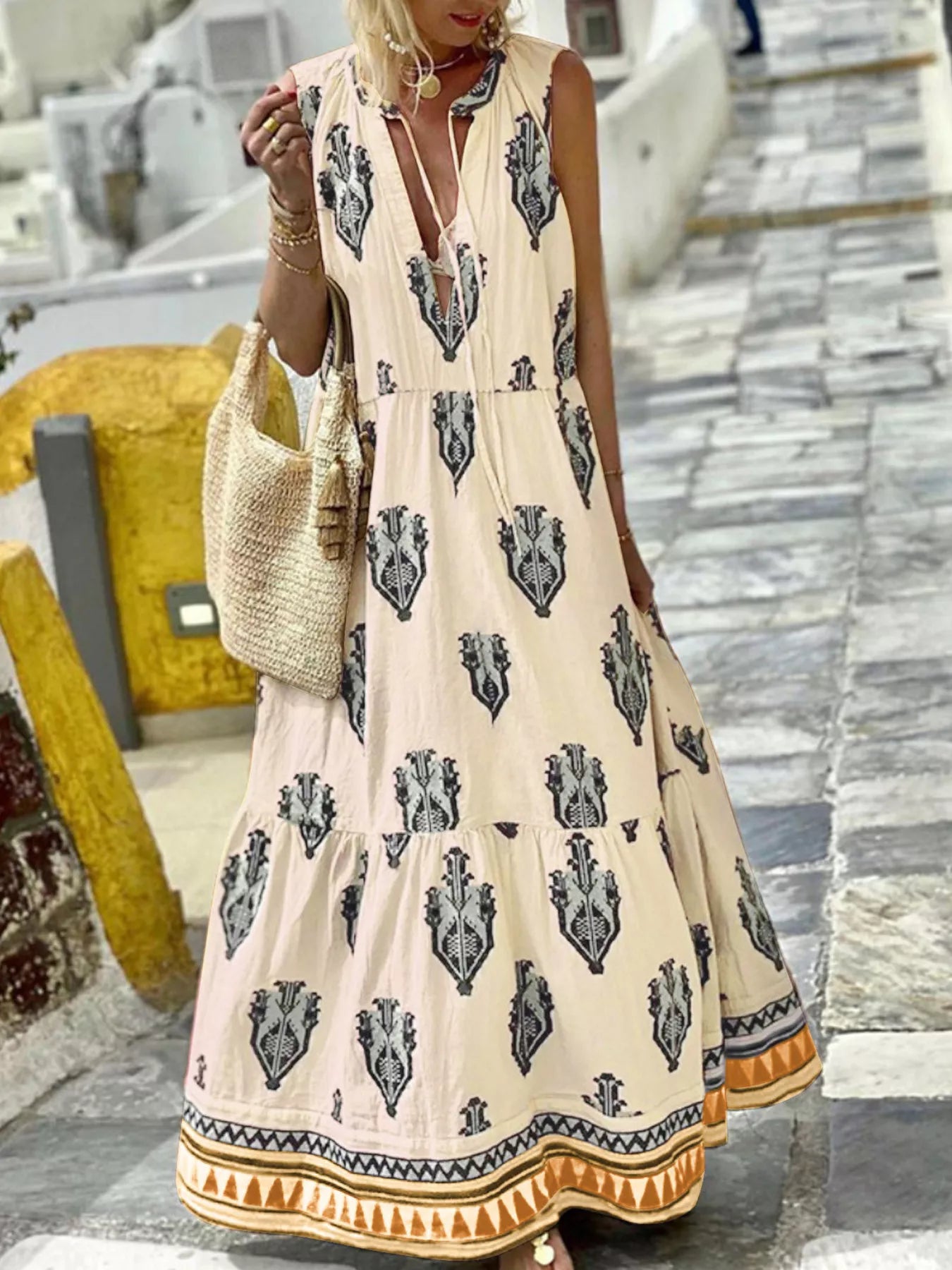 Tiered Printed Sleeveless Maxi Dress detail view 02 - Vellaya Lane