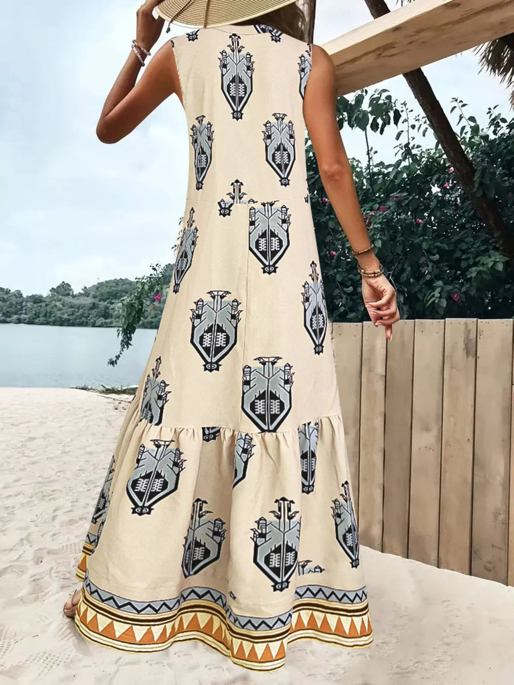 Tiered Printed Sleeveless Maxi Dress detail view 03 - Vellaya Lane