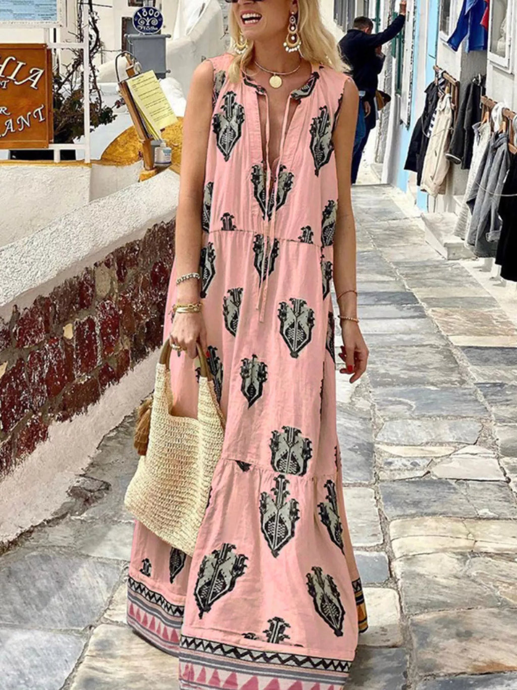 Tiered Printed Sleeveless Maxi Dress detail view 06 - Vellaya Lane