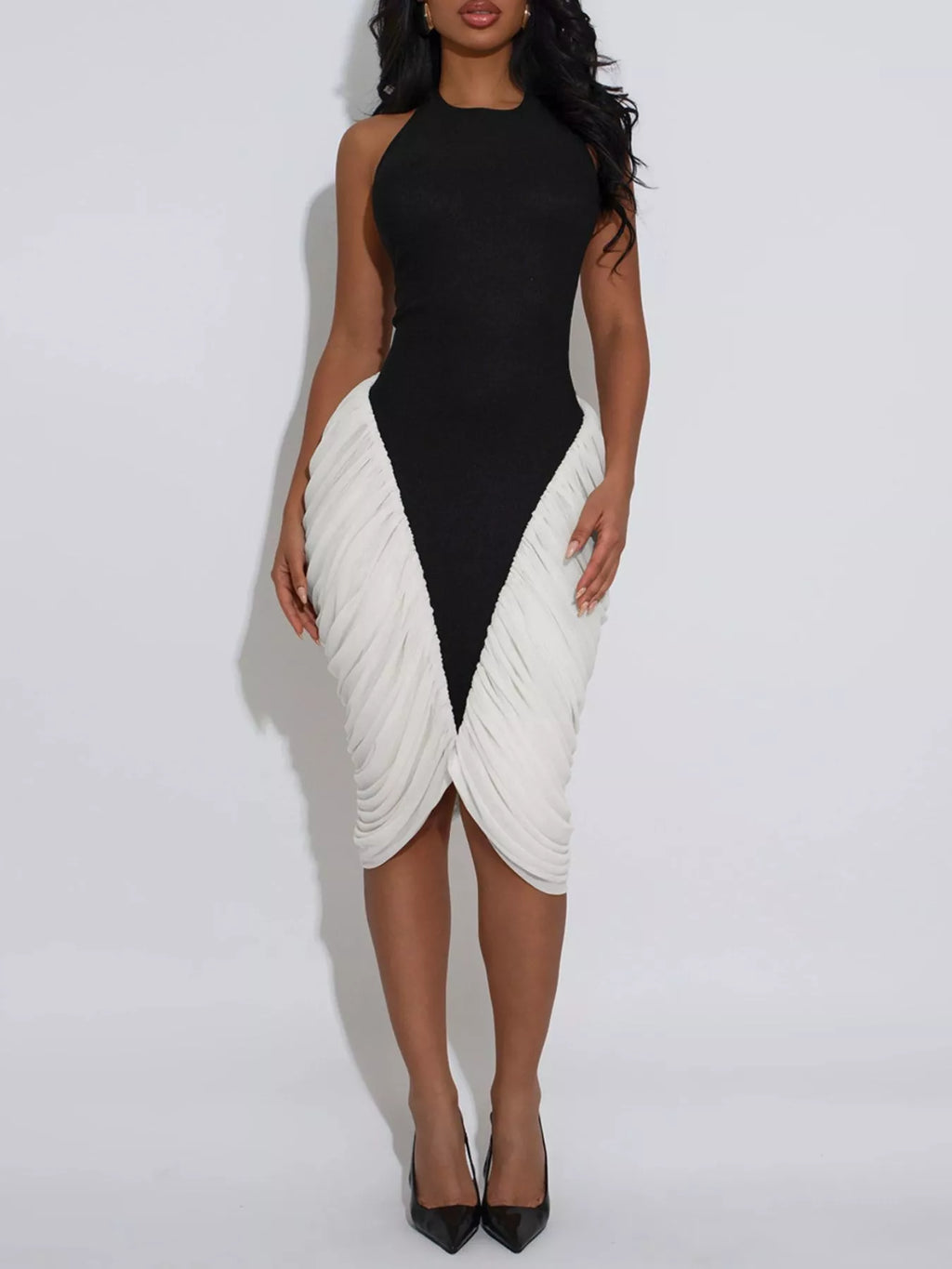Two-Tone Sleeveless Ruched Midi Dress - Vellaya Lane