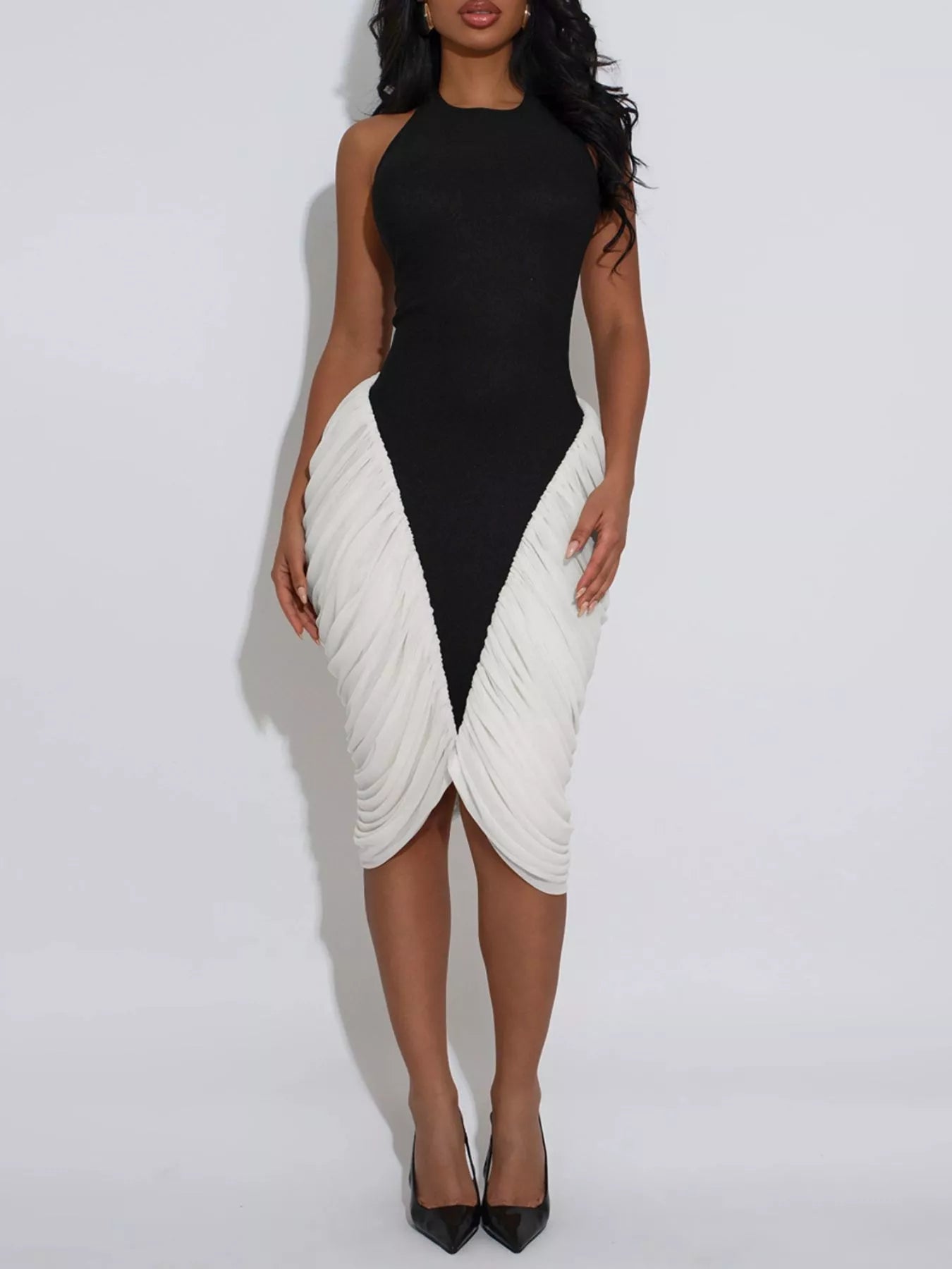 Two-Tone Sleeveless Ruched Midi Dress - Vellaya Lane