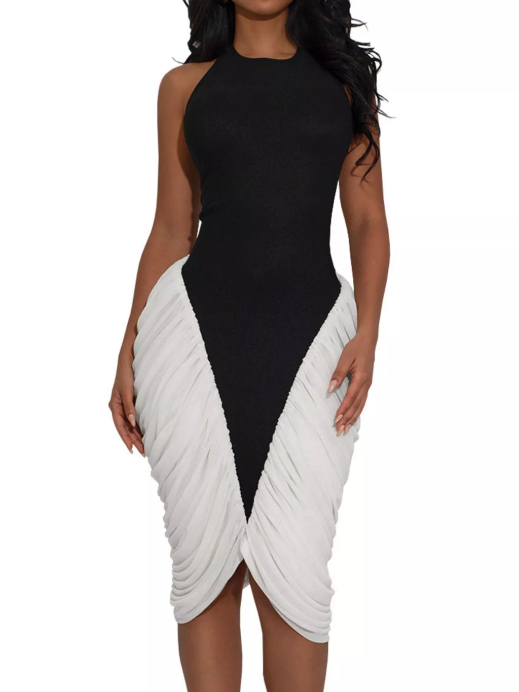 Two-Tone Sleeveless Ruched Midi Dress detail view 04 - Vellaya Lane