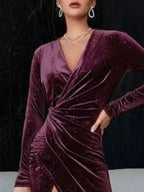 Velvet Ruched Slit Midi Dress detail view 14 - Vellaya Lane