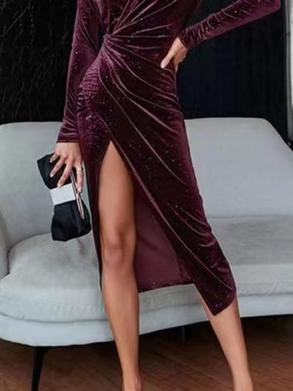 Velvet Ruched Slit Midi Dress detail view 15 - Vellaya Lane