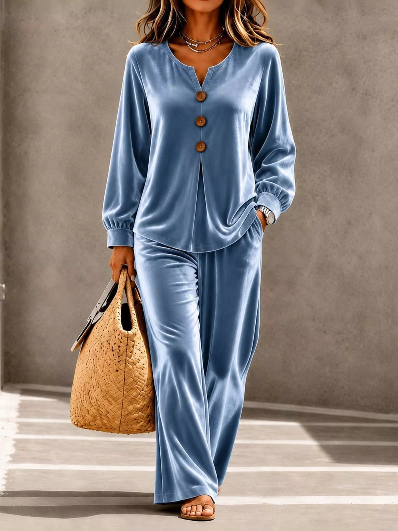 Women's Velvet Button-Detail Top and Pants Set