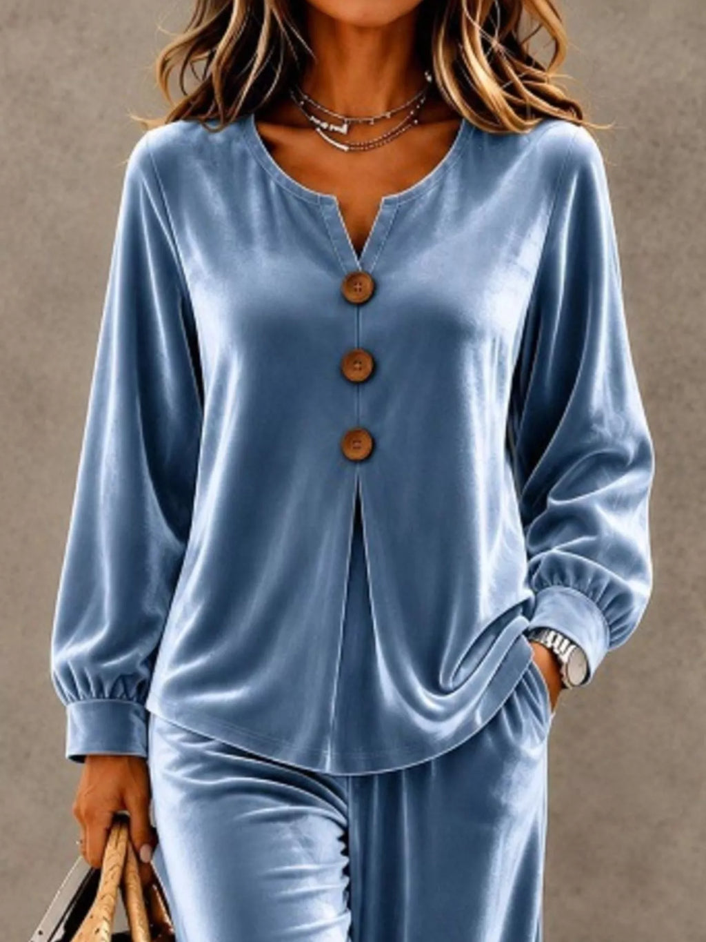 Women's Velvet Button-Detail Top and Pants Set