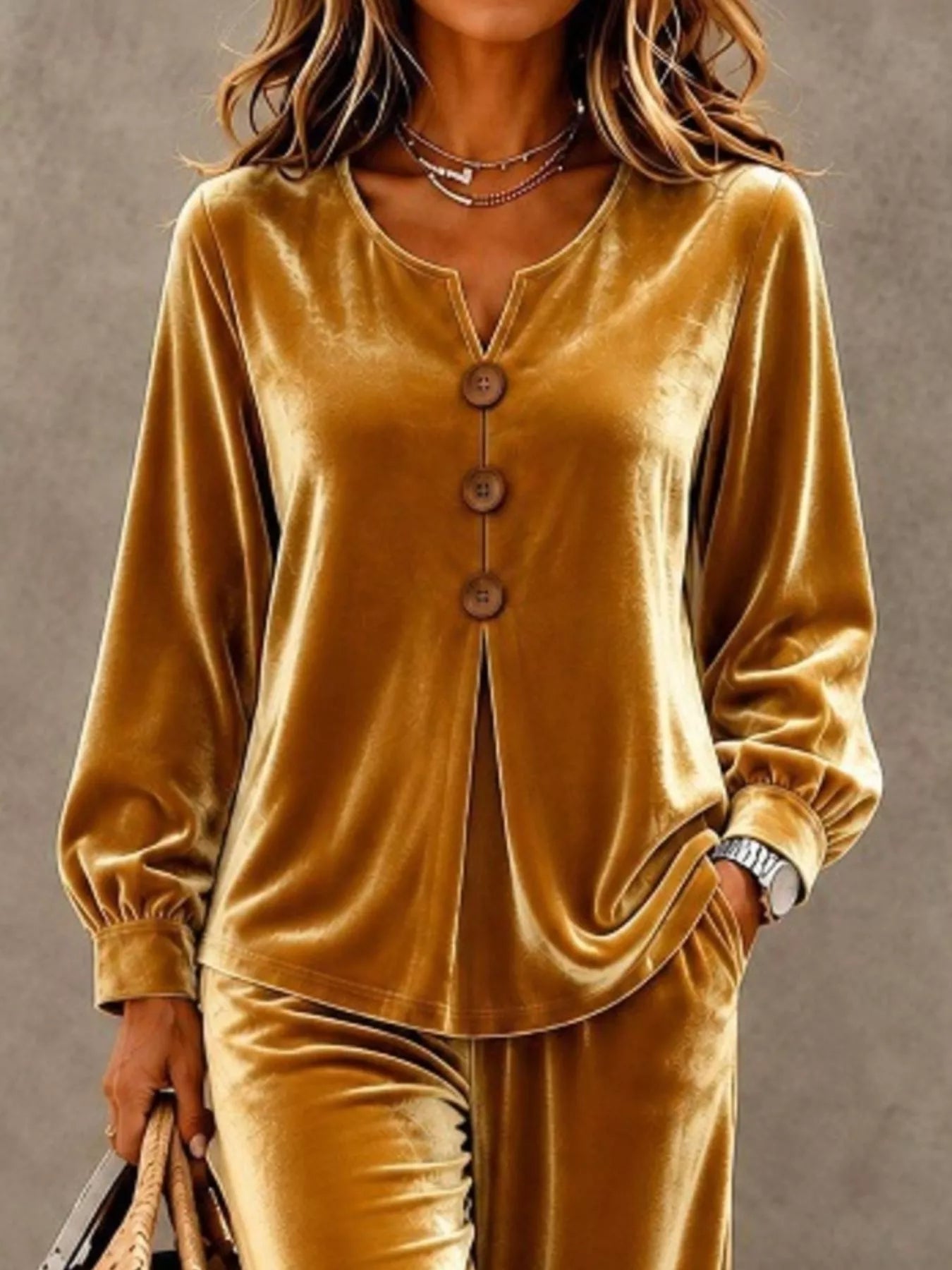 Women's Velvet Button-Detail Top and Pants Set