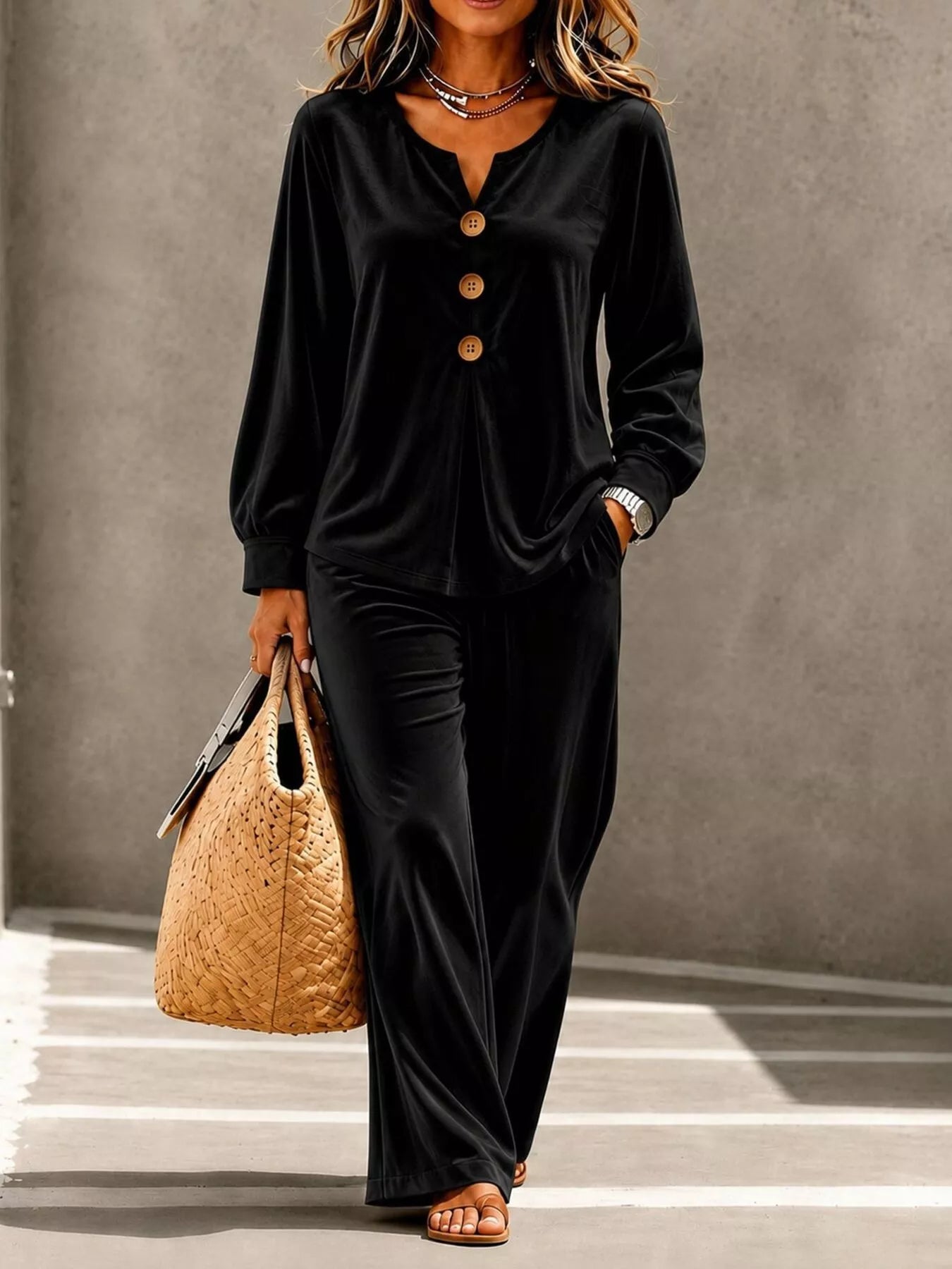 Women's Velvet Button-Detail Top and Pants Set